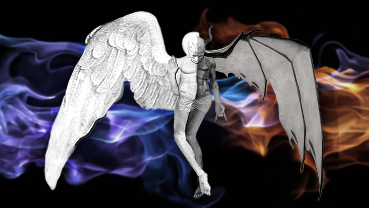 An image with an angel on one side and a demon on the other.